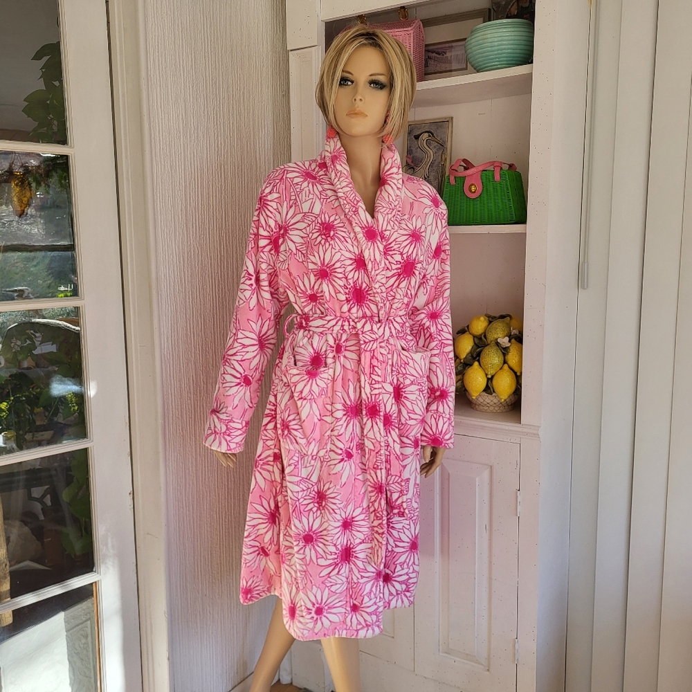 Vtg Lilly Pulitzer Bath Robe Velour Terry Belted Cotton PINK Daisies L/XL - Picture 3 of 5